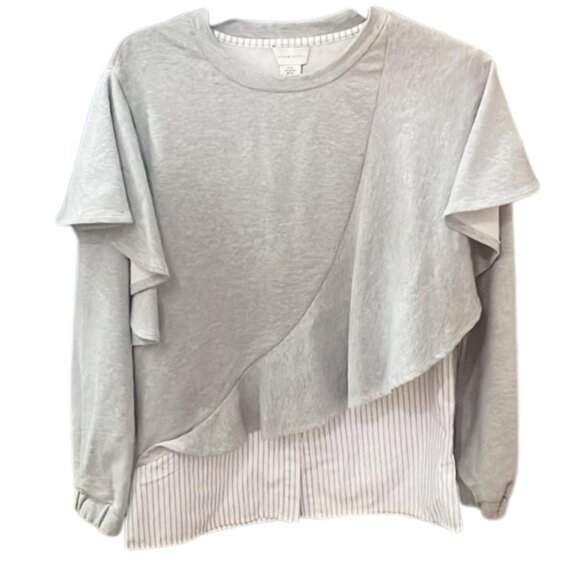 Chic Gray Ruffle Sweatshirt with Striped Hem - Picture 2 of 7